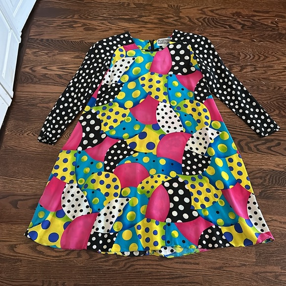 Vintage 80s Pat Argenti Colorful Polka Dot Silk A-Line Dress Size 6 - Picture 2 of 12